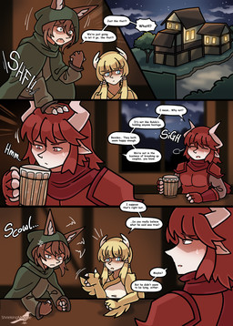 animal_ears blonde_hair brown_hair clawed_hands clothed clothing dark_hair dialogue female hair head_wings horn male monster_girl_(genre) red_eyes red_hair simple_background text unusual_wing_placement wings shriekingmagpie horned_humanoid humanoid comic digital_media_(artwork) english_text hi_res