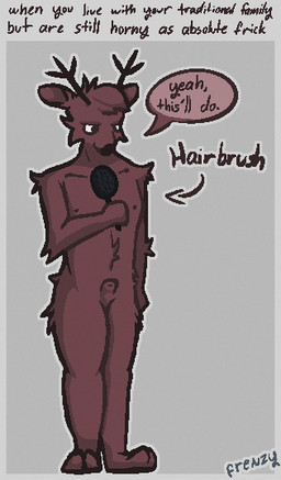 animal_genitalia anthro antlers brush caption dialogue fur genitals hairbrush holding_object horn male nude sheath simple_background solo speech_bubble standing text frigidfrenzy deer mammal english_text