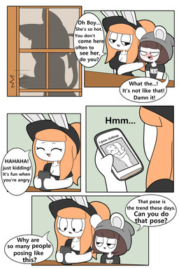 anthro beanie black_clothing black_hat black_headwear black_shirt black_topwear blush breasts brown_hair cellphone cleavage clothed clothing dialogue door electronics eyelashes female grey_beanie grey_clothing grey_hat grey_headwear group hair hat headgear headwear male orange_hair phone ponytail shirt silhouette smartphone speech_bubble text topwear trio tonytoran tina_(tonytoran) tony_(tonytoran) chinchilla chinchillid lagomorph leporid mammal rabbit rodent 2:3 absurd_res comic english_text hi_res