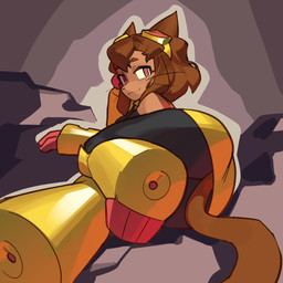 anthro brown_body brown_hair butt eyebrows eyelashes eyewear eyewear_on_head female goggles goggles_on_head hair lying on_side red_eyes smile solo whiskers perepoire gameoverse glitch_productions kit_bodega domestic_cat felid feline felis mammal 1:1 2026 hi_res