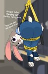 anthro barricade_tape big_butt blush bottomwear bound butt clothing dialogue female locker_room looking_at_viewer looking_back pink_nose police police_baton police_tape police_uniform purple_eyes scut_tail short_tail solo suspended_in_midair tail text tight_bottomwear tight_clothing uniform dm29 disney zootopia judy_hopps european_rabbit lagomorph leporid mammal oryctolagus rabbit english_text signature