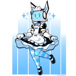 :3 clothed clothing crossdressing dress legwear machine maid_uniform male not_furry open_mouth open_smile pattern_clothing pattern_legwear screen screen_face simple_background smile solo striped_clothing striped_legwear stripes thigh_highs uniform baronflint camelot_(baronflint) humanoid robot robot_humanoid 1:1