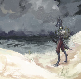 anthro backpack barefoot beach biped bottomwear brown_eyes clothed clothing cloud digitigrade dunes feet fur grey_body grey_fur looking_at_viewer male outside sand sea seaside shorts smile solo topless water wooy prode naythel canid canine canis mammal wolf hi_res