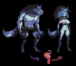 anthro blue_body blue_fur breasts claws crossgender duo female fur gender_transformation genitals male nipples penis pussy teeth transformation yellow_eyes s-purple breeding_season canid canine canis dickwolf mammal wolf alpha_channel