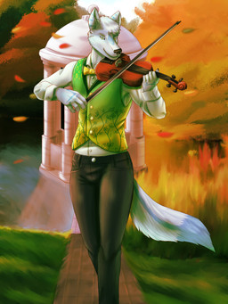 anthro autumn autumn_leaves blue_body blue_fur bottomwear bow_tie bowed_string_instrument building clothed clothing falling_leaves forest fur fur_markings grass green_eyes lake leaf male markings musical_instrument outside pants plant pond shirt smile solo string_instrument topwear tree vest violin white_body howlfeiwolf howlfei canid canine canis mammal wolf 3:4 absurd_res digital_media_(artwork) digital_painting_(artwork) hi_res painting_(artwork)