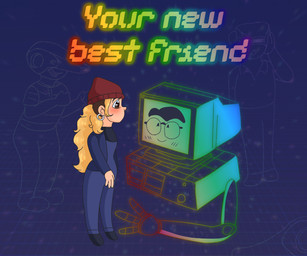 anthro beanie blonde_hair blush claws clothed clothing computer duo electronics eyewear female glasses hair hat headgear headwear jacket machine male male/female not_furry objectum outline overalls rainbow_text screen screen_face simple_background smile sparkles text topwear saltypupcake netflix the_electric_state michelle_greene pc_(the_electric_state) human mammal monitor_head robot 6:5 digital_media_(artwork) english_text hi_res