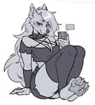 anthro female paws sitting solo cheshirkas helluva_boss loona_(helluva_boss) canid canine canis mammal wolf black_and_white hi_res monochrome sketch