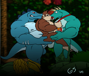anal anal_penetration anthro balls banana belly biceps big_muscles big_pecs big_penis blue_body bodily_fluids bottomwear bottomwear_down chain clothed clothing cum cum_on_tie cum_while_penetrated dominant dominant_male double_anal double_penetration erection fangs food forest french_kissing fruit genital_fluids genitals group group_sex humanoid_genitalia humanoid_penis interspecies jungle kissing licking male male/male male_penetrated male_penetrating male_penetrating_male muscular muscular_anthro muscular_male nipples nude outside pants pants_down partially_clothed pecs penetration penis plant red_eyes saliva sex slightly_chubby tail teeth text threesome tongue tongue_out tree trio vein veiny_penis glaciersnow donkey_kong_(series) nintendo donkey_kong_(character) kludge krusha crocodilian kong kremling mammal primate reptile scalie 2009 artist_name