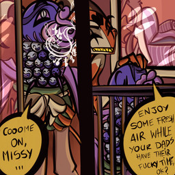 balcony blue_eyes carnivorous_plant clothing dialogue duo eyes_closed feathers furniture gift_bow glass grey_body grey_feathers heart_(marking) horn lips living_room male markings mouth_closed multicolored_body music musical_note musical_symbol plant plant_pot potted_plant pupils purple_body purple_lips purple_sclera red_body sharp_teeth singing slit_pupils smile sofa striped_horn stripes symbol tail teeth text window yellow_teeth this_colorful_abyss hellaverse helluva_boss blitzo_(helluva_boss) stolas_(helluva_boss) animal_humanoid avian avian_humanoid bird bird_humanoid demon demon_humanoid horned_humanoid humanoid imp owl owl_demon owl_humanoid 1:1 comic english_text hi_res