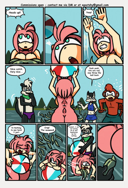 anthro ball beach_ball bent_over big_breasts black_body black_fur black_hair blue_eyes breasts brown_body brown_fur camp camping campsite clothing dialogue embarrassed evergreen_tree female fur green_eyes green_handkerchief green_kerchief grey_body grey_fur group hair handkerchief inflatable kerchief male multicolored_body multicolored_fur nude nude_anthro nude_female only_one_nude pine_tree pink_body pink_fur pink_hair pink_quills plant purple_clothing purple_speedo purple_swimwear quills_(anatomy) seaweed smile smirk speech_bubble speedo swimskirt swimwear tan_arms tan_breasts tan_hands text tree white_body white_fur himitsu sqootshy archie_comics sega sonic_the_hedgehog_(archie) sonic_the_hedgehog_(comics) sonic_the_hedgehog_(series) amy_rose geoffrey_st._john eulipotyphlan haplorhine hedgehog mammal mephitid monkey primate skunk 2026 absurd_res comic english_text hi_res multiple_scenes
