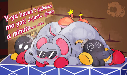 anthro balls big_butt black_body blush bodily_fluids bomb butt dialogue erection explosives genitals grey_body group male musk penis sweat text pelnsfw mario_bros nintendo mouser bob-omb mammal mouse murid murine rodent 2026 absurd_res english_text hi_res