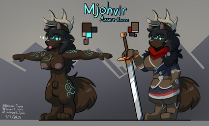 animal_genitalia anthro areola armor big_areola big_nipples black_hair blep blue_sclera blue_tattoo breasts brown_body brown_fur clothed clothed_anthro clothing fully_clothed fully_clothed_anthro fully_sheathed fur genitals glowing glowing_tattoo gynomorph hair intersex looking_at_viewer melee_weapon nipples scarf sheath simple_background solo sword t-pose tail tattoo text tongue tongue_out weapon howzit_toyah mjohvir_azure-raven canid canine canis deer hybrid mammal wolf character_name hi_res model_sheet