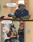 anthro badge bulletproof_vest clothing detective group holstered_pistol male no_smoking office police police_chief police_station police_uniform smoking tactical_gear text trio uniform psakorn_tnoi disney lethal_weapon zootopia axel_wolfram chief_bogo dietrich_"red"_burkhart bovid bovine canid canine canis cape_buffalo cervine deer mammal red_deer wolf 2023 english_text hi_res