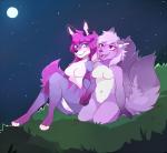 2_tails anthro blush duo feet female fur grass hair hand_holding hill kneeling long_hair moon multi_tail night nude open_mouth outside plant pointy_ears pose prick_ears simple_background sitting sky smile star stargazing tail teeth tongue vesperinox mistress_sherrie canid canine canis fox mammal wolf naomi_(disambiguation) 2018 digital_media_(artwork) hi_res