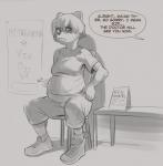 2019 angry anonymous_artist anthro belly biped bodily_fluids bottomwear breasts card chair clothed clothing dialogue english_text female fluffy footwear fully_clothed fur furniture greyscale hair hi_res hospital legwear mammal misgendering monochrome mustelid musteline neck_tuft offscreen_character pants poster pregnant pregnant_female shirt shoes short_hair sign sitting socks solo speech_bubble sweat table text tomboy topwear trans_(lore) trans_man_(lore) true_musteline tuft weasel