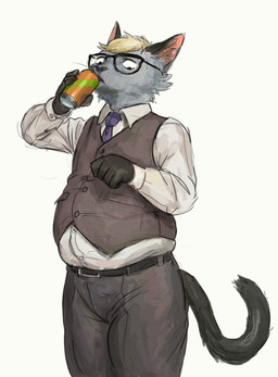anthro belly beverage beverage_can biped bottomwear clothing eyewear formal_wear fur glasses grey_body grey_fur male overweight overweight_male pants shirt simple_background slightly_chubby smug_villager soda solo tail thin_tail topwear vest weight_gain cettus animal_crossing nintendo raymond_(animal_crossing) domestic_cat felid feline felis mammal 2020 shaded