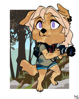 anthro backpack barefoot blonde_hair blue_bottomwear blue_clothing blue_shorts bottomwear camera cheek_tuft chibi clothed clothing day digitigrade ear_piercing ear_ring facial_tuft feet female fully_clothed fur grass grey_clothing grey_shirt grey_topwear hair outside piercing plant purple_eyes red_scarf ring_piercing rock scarf shirt shorts solo tail tan_body tan_fur topwear tree tuft walking foxboy83 tootaloo vixen_logic goldie_(vixen_logic) bird_dog canid canine canis domestic_dog golden_retriever hunting_dog mammal retriever 4:5 colored digital_media_(artwork) full-length_portrait hi_res portrait shaded