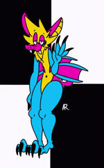 3_toes anthro black_claws blue_body checkered checkered_background claws cmyk curled_tail fangs feet fur gesture half-closed_eyes looking_at_viewer male music narrowed_eyes navel pattern_background pink_body pivoted_ears raised_hand simple_background smile smug snout solo tail teeth thick_thighs toe_claws toes waving waving_at_viewer wings yellow_body yellow_fur sound_warning spanklet cartoon_network cartoon_network_palette_challenge spanklet_chocoa bat mammal megabat 2_frame_animation animated hi_res restricted_palette short_playtime sound webm