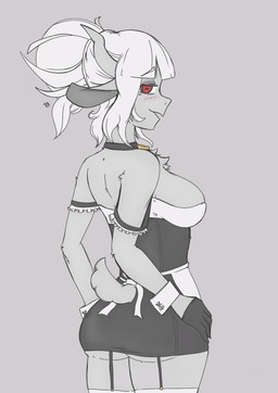 alternate_species anthro anthrofied blush breasts butt chest_tuft choker clothing female fur garter_straps hair horn jewelry looking_at_viewer maid_uniform necklace open_mouth red_eyes short_tail side_boob solo tail tuft uniform white_body white_fur white_hair bigbongus helltaker goat_lucifer_(helltaker) bovid caprine goat mammal hi_res