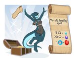 anthro breasts chest_(container) clothed clothing egg feet female jumping non-mammal_breasts scroll small_breasts smile twitter_strip_poll papa_soul strip_meme lil_snik-snak_(papa_soul) kobold scalie 2022