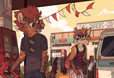 5_fingers anthro arm_tuft backpack beverage big_eyes bottle brown_body brown_eyes brown_fur building cactus car cheek_tuft clock clothed clothing cloud container countershading day desert detailed_background dipstick_tail duo elbow_tuft eyewear facial_tuft fangs fingers fully_clothed fur gas_station glasses green_eyes hair half-closed_eyes hand_in_pocket holding_beverage holding_object humanoid_hands inner_ear_fluff looking_back male mane mane_hair markings multicolored_tail narrowed_eyes open_mouth open_smile orange_body orange_fur orange_hair outside plant pockets purple_hair red_hair sharp_teeth shirt short_hair sky smile standing striped_body striped_fur stripes sunglasses tail tail_markings tank_top teeth text tongue toony topwear tuft vehicle vending_machine watch water_bottle white_body white_countershading white_fur wristwatch cocadope canid canine fox hyena mammal striped_hyena 2018 absurd_res cel_shading digital_media_(artwork) english_text hi_res shaded