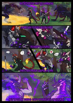 anthro dialogue duo eating equis_universe fangs female feral fight magic male melee_weapon nom open_mouth sword teeth text transformation weapon sunny_way steven_saidon sunny_way_(character) ki'rinaes comic english_text hi_res one_page_comic