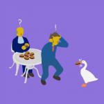 balding bottomwear burger chair clothing distressed exclamation_point food footwear furniture group holding_head honk humor jacket male mouth_hold necktie pants purple_background question_mark shirt shoes simple_background stealing table topwear trio lewis_jones steamed_hams the_simpsons untitled_goose_game gary_chalmers goose_(untitled_goose_game) seymour_skinner anatid anseriform anserinae avian bird goose human mammal 1:1 2019 cel_shading crossover meme shaded