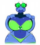 anthro big_breasts blue_body blue_countershading blue_markings blue_skin bra breasts clothed clothing clothing_lift countershade_face countershade_torso countershading eyelashes eyewear female glasses green_bra green_clothing green_eyes green_panties green_underwear huge_breasts looking_at_viewer markings midriff navel non-mammal_breasts panties ribbons shirt shirt_lift simple_background skimpy smile solo sweater sweater_lift thick_thighs topwear underwear white_background wide_hips averyshadydolphin rib_rib_(spur_) amphibian frog 2017 digital_media_(artwork)