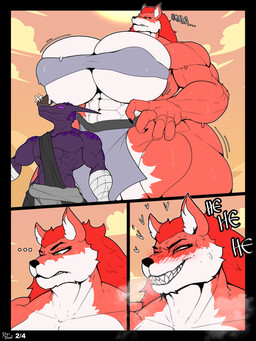 abs anthro big_breasts biped blush bodily_fluids bottomwear breasts clothed clothing detailed_background duo female huge_breasts larger_female loincloth male multicolored_body muscular muscular_female orange_body outside purple_body sharp_teeth size_difference smaller_male sweat teeth thick_thighs white_body drydude canid canine mammal 3:4 absurd_res comic hi_res