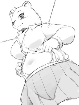 anthro belly big_breasts blouse blush bottomwear breasts chest_tuft clothed clothed_anthro clothed_female clothing exposed_belly female female_anthro fully_clothed fully_clothed_anthro fully_clothed_female inside looking_forward midriff navel pleated_skirt skirt slightly_chubby slightly_chubby_anthro slightly_chubby_female smile solo thick_thighs tight_clothing topwear tuft winick-lim heather_waters bear mammal polar_bear ursine 2022 3:4 greyscale monochrome sketch