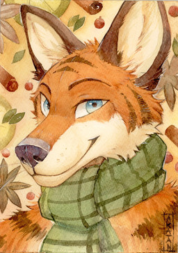 anthro blue_eyes cheek_tuft closed_smile facial_tuft fur glistening glistening_eyes green_scarf head_tuft looking_at_viewer male mouth_closed orange_body orange_fur pattern_background scarf simple_background smile solo tan_body tan_fur tan_inner_ear tuft akatan_art canid canine fox mammal 2022 bust_portrait dated hi_res portrait signature traditional_media_(artwork)