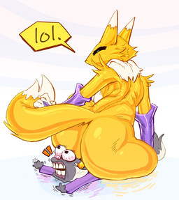 anthro arm_warmers armwear big_butt black_body black_fur bloodshot_eyes breasts bulging_eyes butt clothing duo female fluffy fluffy_tail fur larger_female male multicolored_body multicolored_fur nude sitting_on_another size_difference smaller_male tail two_tone_body two_tone_fur white_body white_fur yellow_body yellow_fur iamapoliceman bandai_namco digimon hasbro digimon_(species) mammal mephitid renamon skunk hi_res