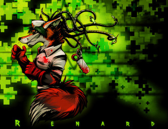 anthro beard blood bodily_fluids clothing cross facial_hair fur gloves hair handwear headgear headwear male nurse pseudo_hair red_body red_fur red_tail smile solo tail teeth tentacle_hair tentacles text white_body white_fur sax-spieler lapfox_trax renard_queenston canid canine fox mammal
