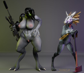 2_toes 3_fingers 3_toes 4_fingers abs anthro arm_feathers arm_tuft armor avian_caruncle axe big_breasts black_nipples breasts claws clitoral_hood digitigrade duo face_covered feather_hair feathered_crest feathers feet female finger_claws fingers fire_axe genitals green_eyes grey_body gun hand_on_hip head_crest headgear headgear_only helmet helmet_only holding_axe holding_gun holding_object holding_ranged_weapon holding_rifle holding_weapon mostly_nude nipples non-mammal_breasts non-mammal_nipples open_mouth pink_eyes pink_nipples pink_vulva pseudo_hair ranged_weapon rifle sniper_rifle standing thigh_gap toe_claws toes tuft vulva weapon wide_hips yellow_body yellow_feathers synca pickle_juice_(modeler) halo_(series) microsoft xbox_game_studios syn_cah alien avian humanoid kig-yar sangheili scalie t'vaoan 3d_(artwork) digital_media_(artwork)