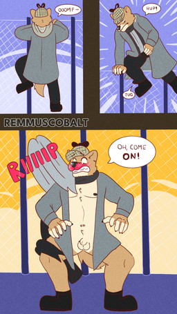animal_genitalia anthro balls clothed clothing coat detective embarrassed exposed flaccid genitals humiliation male mission nude partially_clothed penis sheath solo stealth topwear remmus_cobalt canid canine canis dingo mammal absurd_res comic hi_res