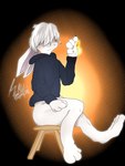 anthro buckteeth fire furniture gradient_background hair hidden_eyes jumper legs_up male rabbit_ears simple_background sitting smile solo stool teeth white_chair white_hair rakusenpai 3:4 absurd_res digital_drawing_(artwork) digital_media_(artwork) hi_res signature