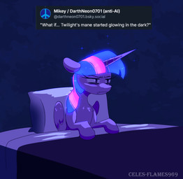 annoyed bed chest_tuft female feral furniture glowing glowing_hair hair horn pillow solo sparkles tired_eyes tuft wings celes-969 friendship_is_magic hasbro my_little_pony mythology twilight_sparkle_(mlp) equid equine mammal mythological_creature mythological_equine winged_unicorn hi_res