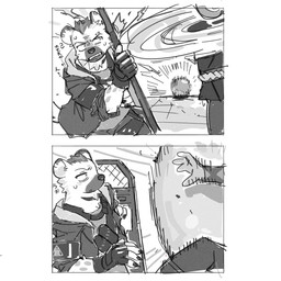 anthro bandolier bottomwear boulder clothing defending ear_piercing eyebrow_piercing facial_piercing fingerless_gloves gloves handwear hitting holding_object holding_shield jacket male markings pants piercing riot_shield rock shield shirt solo_focus spots spotted_body text topwear nigirikobushi2 arknights hypergryph studio_montagne spot_(arknights) hyena mammal spotted_hyena 1:1 2026 comic hi_res
