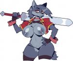 anthro big_breasts breasts clothed clothing curvy_figure female hand_on_hip jacket legwear looking_at_viewer melee_weapon midriff navel open_clothing open_jacket open_topwear panties pubes skimpy solo standing sword thigh_highs thong topless topwear underwear voluptuous weapon wide_hips fukmin-dx canid canine canis mammal wolf