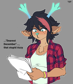 antlers black_hair blue_antlers blue_nose bracelet breasts brown_body brown_fur chest_tuft clothing ear_piercing female fur hair highlights_(coloring) holding_object holding_paper horn jewelry love_letter paper piercing pink_bracelet reading red_clothing red_highlights red_shirt red_topwear shirt solo tan_body tan_fur teal_nose text tomboy topwear tuft white_clothing white_shirt white_topwear yellow_bracelet tawman_art deltarune undertale_(series) dess_holiday deer mammal new_world_deer reindeer english_text hi_res