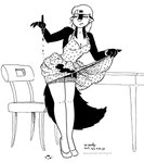 anthro black_and_white breasts chair cleavage clothed clothing clothing_lift dress dress_lift ear_piercing ear_ring female fur furniture hair ink kelly_o'dor legwear mammal mephitid monochrome piercing ring_piercing skunk solo striped_skunk table tegerio thigh_highs whiskers zandar's_saga