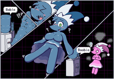 anthro blue_body blue_border blush bodily_fluids border breasts covering covering_breasts female floating green_eyes pink_body solo sweat sweatdrop transformation transformation_sequence water_cooler oagoner deltarune undertale_(series) darkner mizzle_(deltarune) watercooler_(deltarune) aliasing comic digital_media_(artwork)