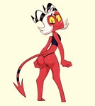 absurd_res butt clothing crop_top demon feet femboy freckled_face freckles hair helluva_boss hi_res horn humanoid imp male monamania moxxie_(helluva_boss) nervous_smile red_body red_skin shirt solo tail thong topwear underwear white_hair yellow_eyes