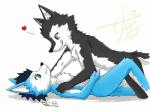 anthro black_hair blue_body blue_eyes blue_fur blush duo fur green_eyes hair heart_symbol kemono licking licking_lips male male/male nude self_lick tongue tongue_out white_body white_fur young akee_rs utau aro_rouon rou_kemonone canid canine canis domestic_dog mammal wolf 4:3 hi_res