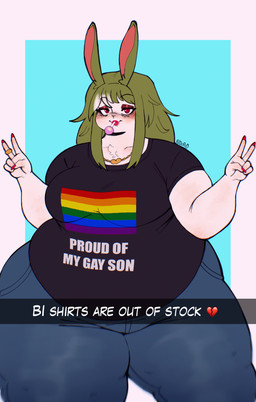 anthro big_breasts bottomwear breasts clothing colored_nails denim denim_bottomwear denim_clothing eye_bags female jeans lgbt_pride nails pants pride_color_clothing pride_colors red_eyes ring slightly_chubby solo white_hair_tips wide_hips eldiipiid snapchat mary_gray_(eldiipiid) lagomorph leporid mammal rabbit 2026 absurd_res hi_res
