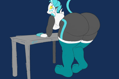 anthro big_breasts big_butt big_feet bottomless breasts butt butt_expansion clothed clothing expansion feet female huge_breasts huge_butt hyper hyper_butt implied_growth leaning_on_table looking_back machine presenting presenting_hindquarters solo siatdusk echo_(siatdusk) felid mammal robot 3:2 alpha_channel hi_res