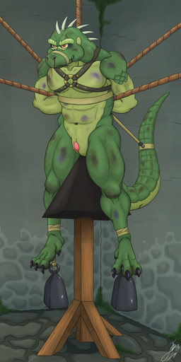 abs anal anal_penetration animal_genitalia anthro bdsm biceps blood bodily_fluids bondage bound feet genital_slit genital_torture genitals hands_behind_back hands_tied hands_tied_behind_back judas_cradle male male_penetrated muscular muscular_anthro muscular_male navel nude pecs penetration penis penis_tip rope snuff solo tail tail_tied toes torture torture_device weights wounded likangel lizard reptile scalie absurd_res digital_media_(artwork) hi_res