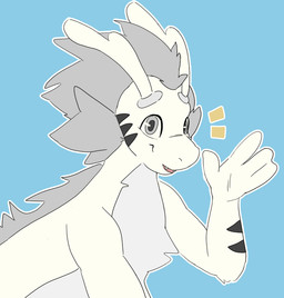 anthro antlers blue_background chest_tuft fangs fur gesture glistening glistening_eyes grey_eyes grey_hair hair horn looking_at_viewer male male_anthro nude open_mouth open_smile red_tongue simple_background smile solo striped_arms striped_body striped_fur stripes teeth tongue tuft waving waving_at_viewer white_antlers white_body white_fur hardscales mythology dragon furred_dragon furred_scalie mythological_creature mythological_scalie scalie hi_res