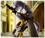 5_fingers advertisement anthro armor athletic athletic_anthro athletic_male belt belt_pouch biped black_nose blue_eyes border building city city_background claws concrete feet fingers front_view fur furgonomics greaves grey_body grey_fur hindpaw holding_object holding_ranged_weapon holding_weapon lamp looking_at_viewer male military multicolored_body multicolored_fur outside pawpads paws plantigrade purple_body purple_eyes purple_fur purple_tail ranged_weapon scar scope sitting snout soldier solo street_lamp tail three-quarter_view two_tone_body two_tone_fur two_tone_tail war warrior weapon white_body white_border white_fur white_tail wishbone_mouth amand4 2020ad mythology akira_(shane) canid canine canis mammal mythological_canine mythological_creature werecanid werecanine werecreature werewolf wolf 2014 absurd_res hi_res