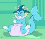 ambiguous_gender bodily_fluids clothed clothing diaper drool_on_hand drooling feral hypnosis mind_control paw_in_mouth saliva sitting solo spiral_eyes spread_legs spreading tail wearing_diaper bubblepuppers nintendo pokemon fan_character puddles_(character) eeveelution generation_1_pokemon pokemon_(species) vaporeon digital_drawing_(artwork) digital_media_(artwork) hi_res